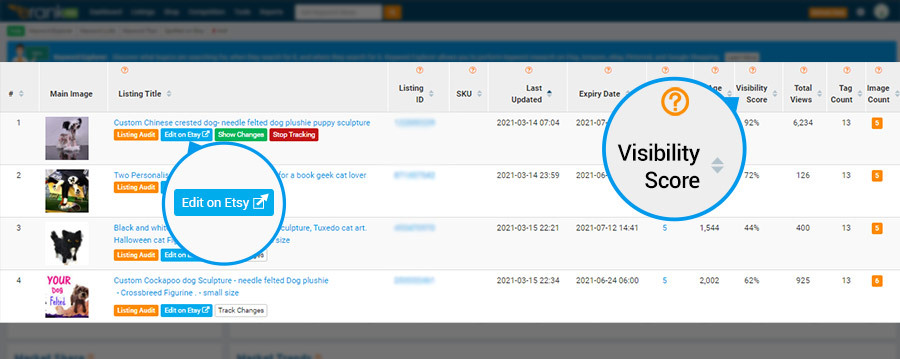 eRank report showing four Etsy listings and highlighting where the Visibility Score is, and shortcut to edit the listing on Etsy
