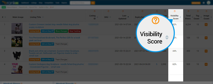 Etsy listing report highlighting eRank Visibility Scores, and how to find more information.