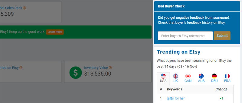 Shows eRank's Bad Buyer Check tool on the Dashboard