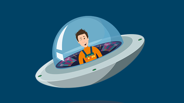 Cartoon of eRank Founder Anthony Wolfe in a flying saucer