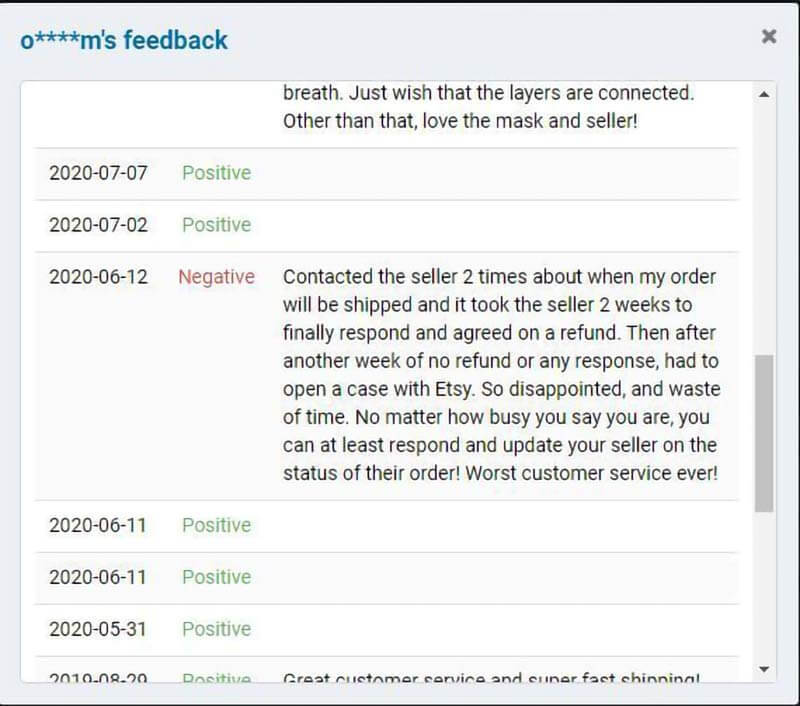 Screenshot of a sample Etsy buyer's feedback history