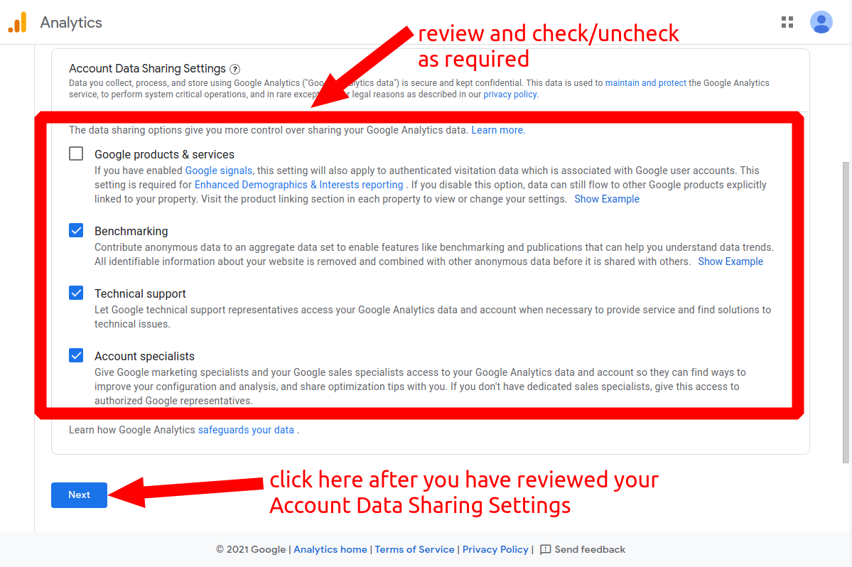 Account data sharing settings