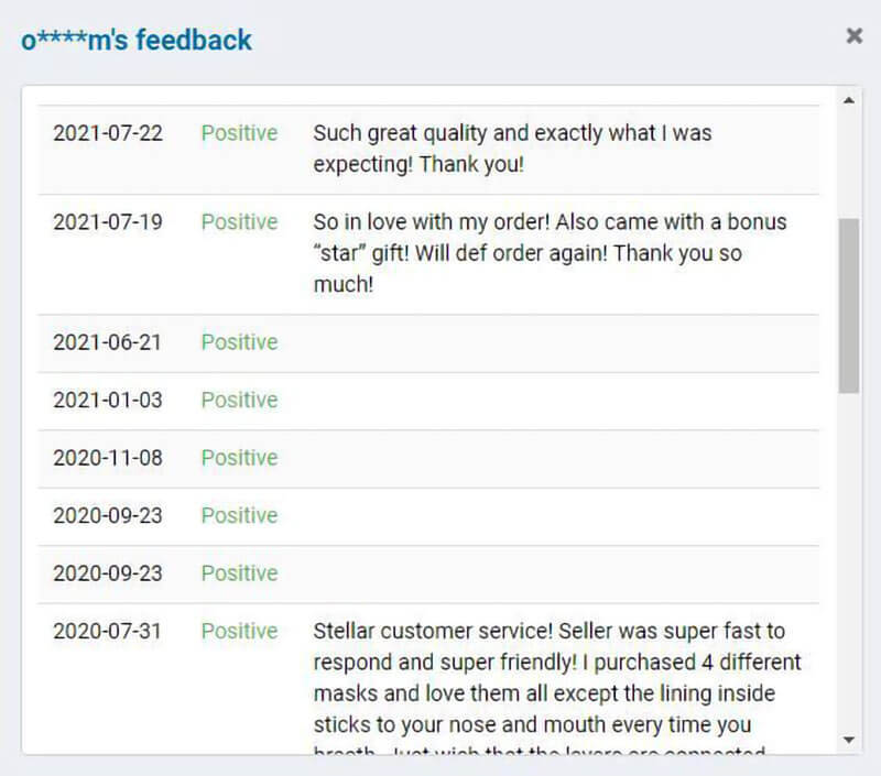 Screenshot of a  discerning Etsy buyer's feedback history