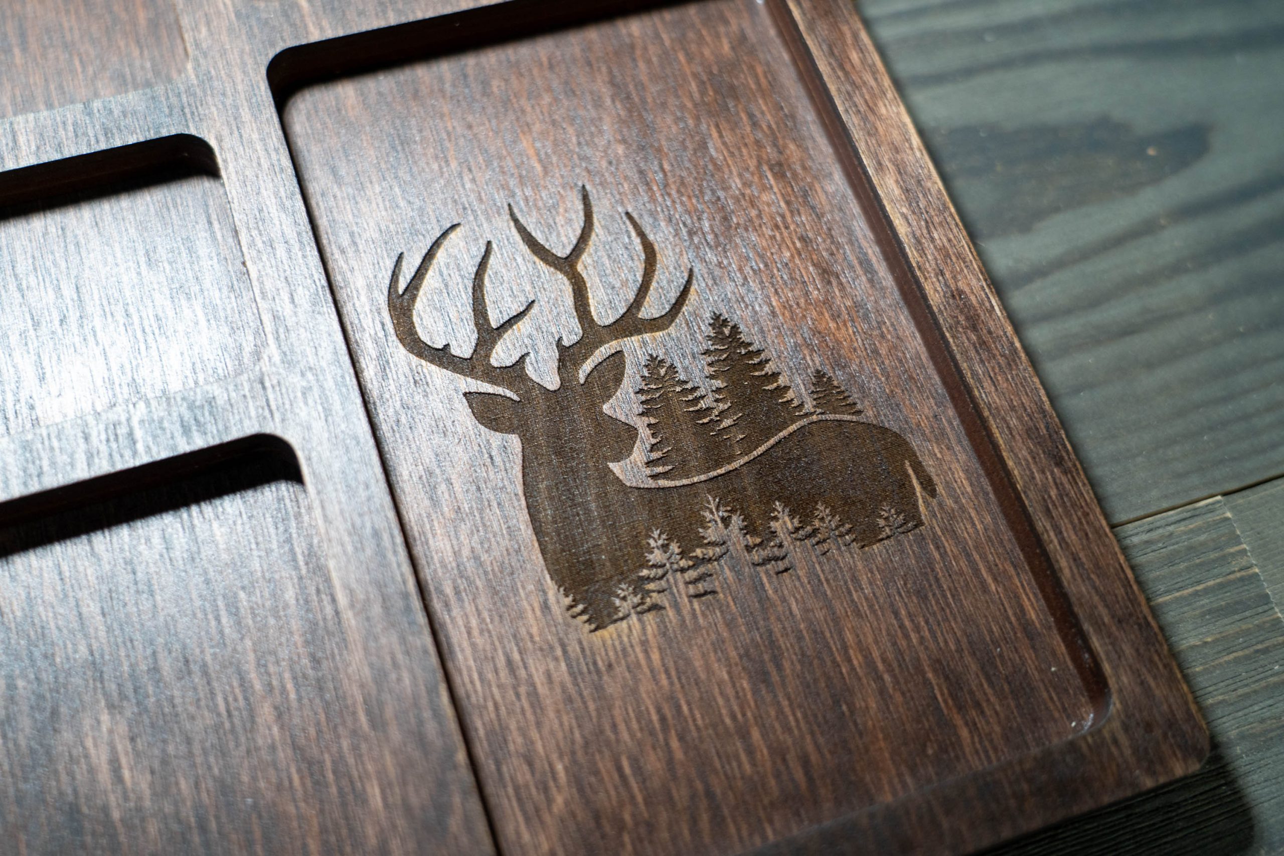 Deer engraved in wood tray