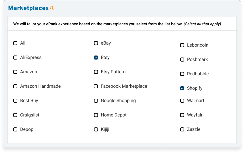 AliExpress
Amazon
Amazon Handmade
Best Buy
Craigslist
Depop
eBay
Etsy
Etsy Pattern
Facebook Marketplace
Google Shopping
Home Depot
Kijiji
Leboncoin
Poshmark
Redbubble
Shopify
Walmart
Wayfair
Zazzle