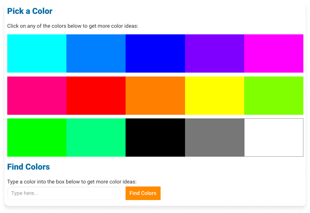 Our Color Thesaurus tool. This feature displays an array of colored boxes -- click any color to learn more about other colors that complement it. You can also type a hex code into the field below to look up a specific color.
