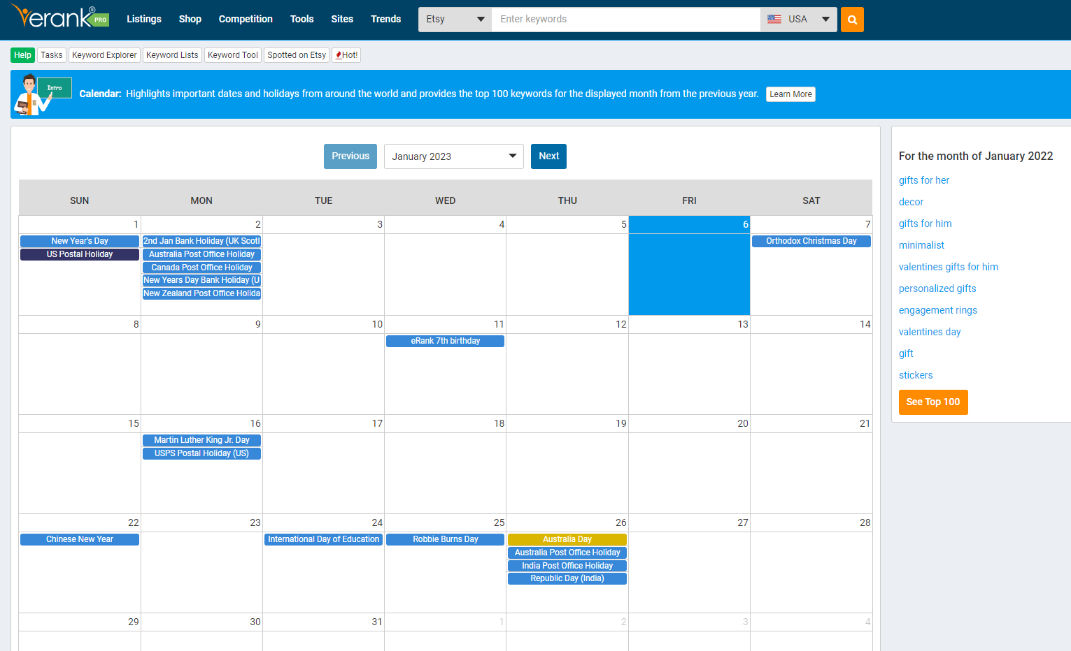 eRank's Calendar tool screenshot.