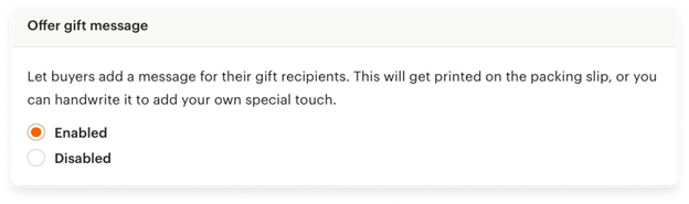 Screenshot showing how to enable gift messages in your Etsy shop settings.