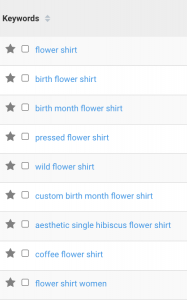 Displays a Exact Match Keyword list for the search phrase "flower shirt"