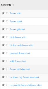 Displays a Phrase Match Keyword list for the search phrase "flower shirt"