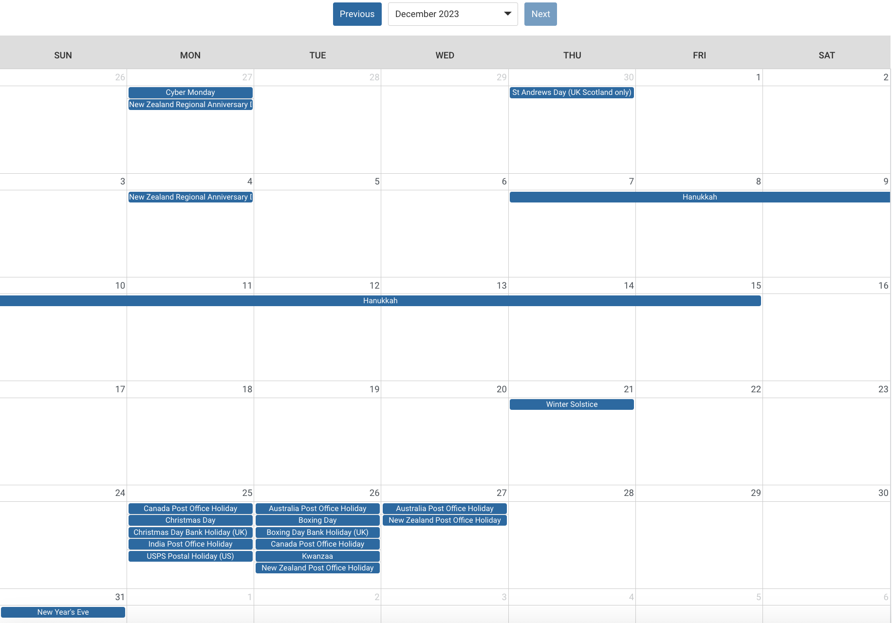 Calendar of December 2023 displaying holidays and post office holidays for US, Canada, UK, Australia, New Zealand, France, and India.