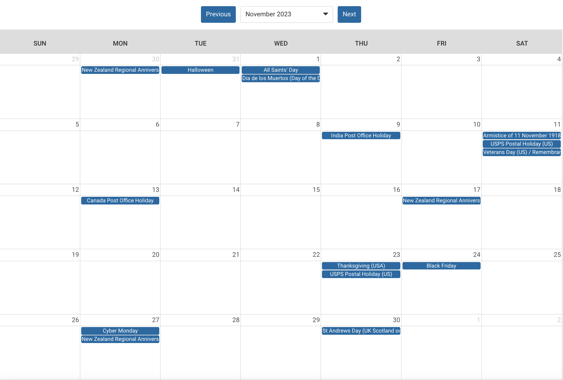 Calendar of November 2023 displaying holidays and post office holidays for US, Canada, UK, Australia, New Zealand, France, and India.