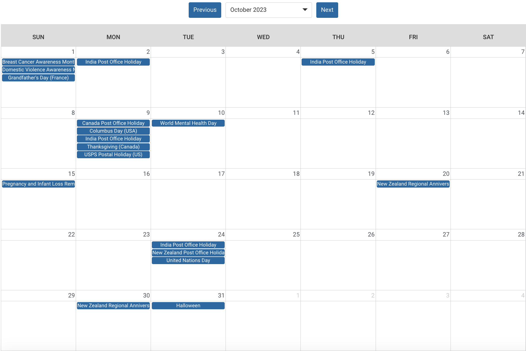 Calendar of October 2023 displaying holidays and post office holidays for US, Canada, UK, Australia, New Zealand, France, and India.