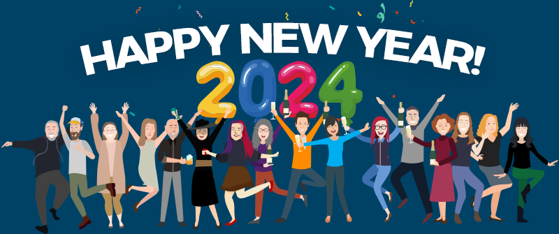 Cartoon of eRank support staffers as a group celebrating and saying, "Happy New Year!"