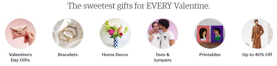 Screenshot of the Etsy UK home page with Valentine gift Call-To-Action buttons