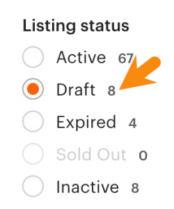 Listing Status menu with DRAFT option selected and an arrow pointing to it