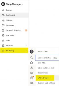 Dashboard menu with MARKETING and SHARE & SAVE highlighted
