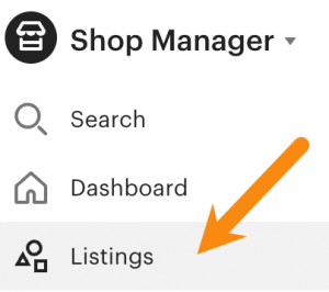 Shop Manager menu with an arrow pointing to LISTINGS