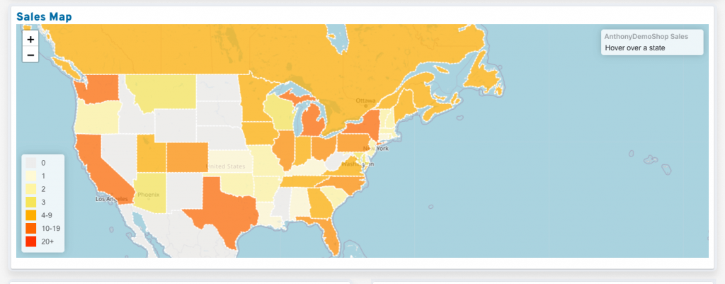 Picture of the Sales Map for eRank's Etsy stores with states highlighted indicating sales