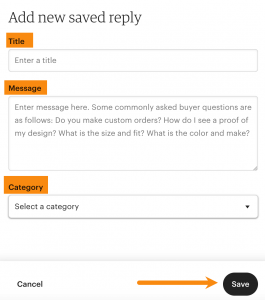 Screenshot showing the message setup screen for an Etsy saved reply
