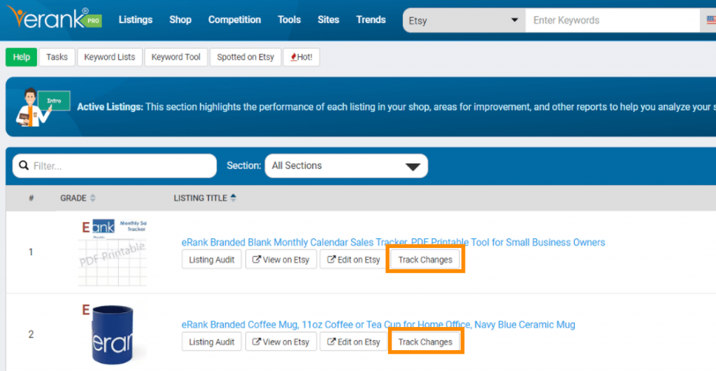 Picture of the Active Listings report for eRank's Etsy shop with the Track Changes buttons highlighted
