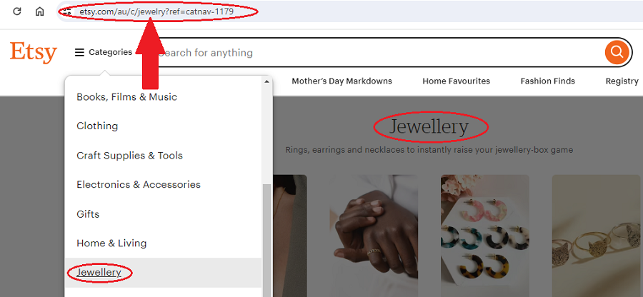 Taken April 14, 2024: screenshot of Etsy’s Categories filter with “Jewellery” circled in red, the search results header shown as “Jewellery” and yet the URL address displays it as etsy.com/au/c/jewelry, the American spelling.