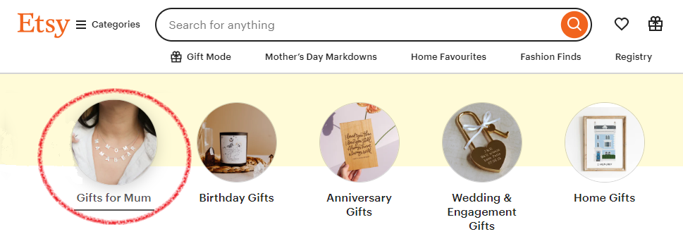 Taken April 12, 2024: screenshot of promotional call to action (CTA) buttons on Etsy’s Canadian homepage with  “Gifts for Mum” circled.
