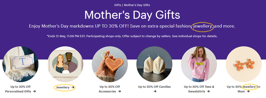 Taken April 12, 2024: screenshot of the promotional banner after clicking the call to action (CTA) “Gifts for Mum” on Etsy’s Canadian homepage.