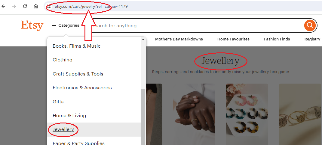 CAPTION. Taken April 12, 2024: screenshot of Etsy’s Categories filter with “Jewellery” circled in red, the search results header shown as “Jewellery” and yet the url address displays it as etsy.com/ca/c/jewelry, the American spelling.
