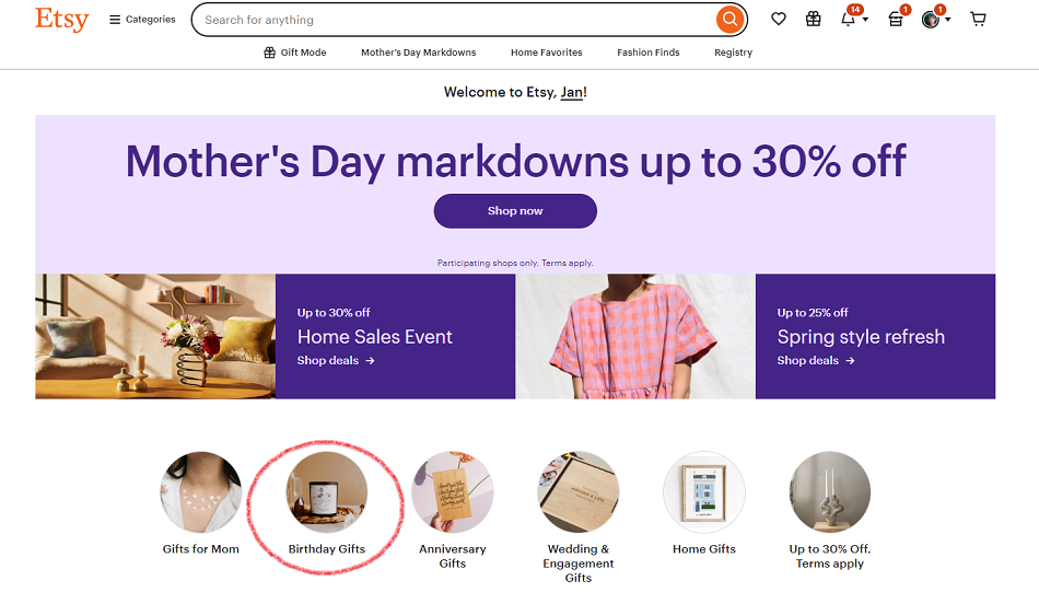 Screenshot taken April 2, 2014 showing Etsy’s US home page with the search term “Birthday Gifts” circled.