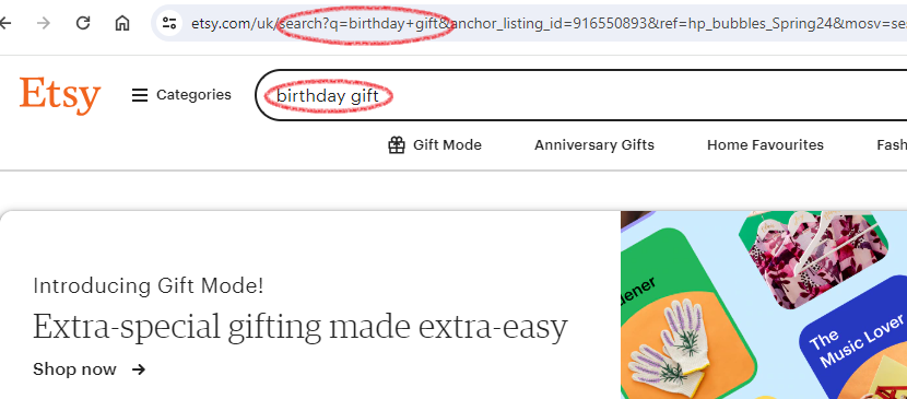 Taken May 5, 2024, screenshot of the landing page when the CTA “Birthday Gifts” is clicked on Etsy’s UK homepage.