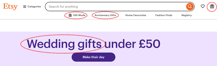 Taken May 5, 2024, screenshot of four clickable promotional CTAs related to gifts at the very top of Etsy’s UK homepage.