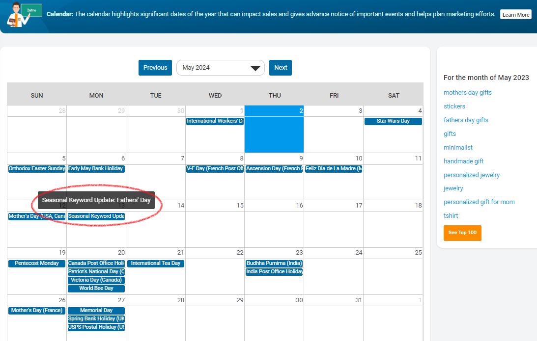 Screenshot of eRank’s Calendar feature; on the right, a list of the top keywords a year ago in May.