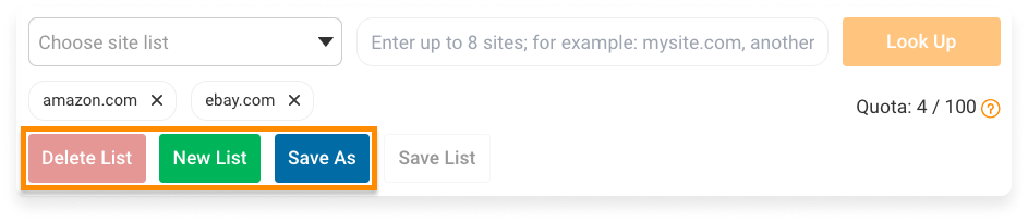 Displaying the option to either Delete List, New List, or Save As for the Compare Sites Tool on eRank