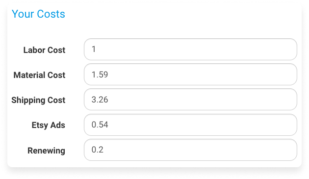 Screenshot of Profit Calculator entry screen for "Your costs"