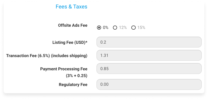 Screenshot of Profit Calculator entry screen for "Fees and Taxes"