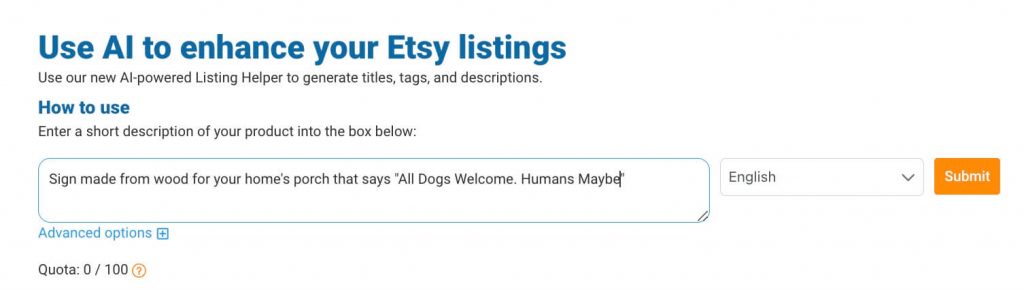 Screenshot of the Listing Helper description entry field