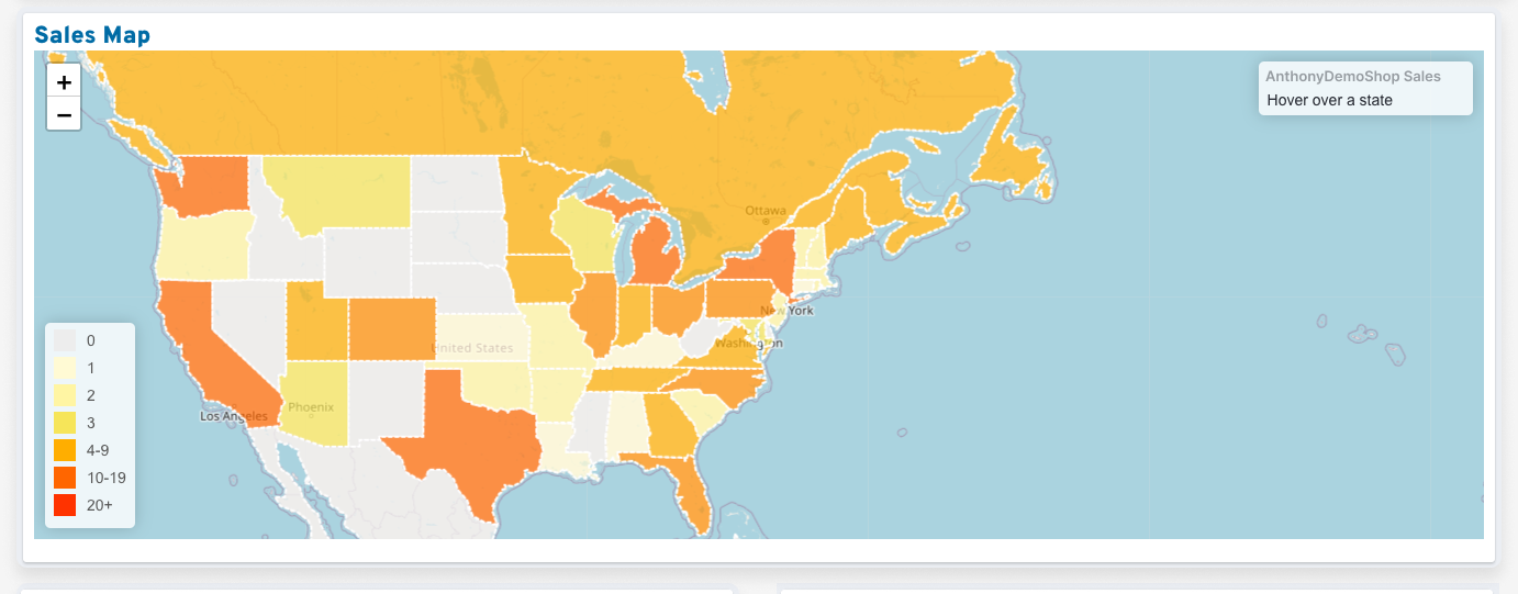 A close-up of North America on the interactive map in eRank's Sales Report tool.