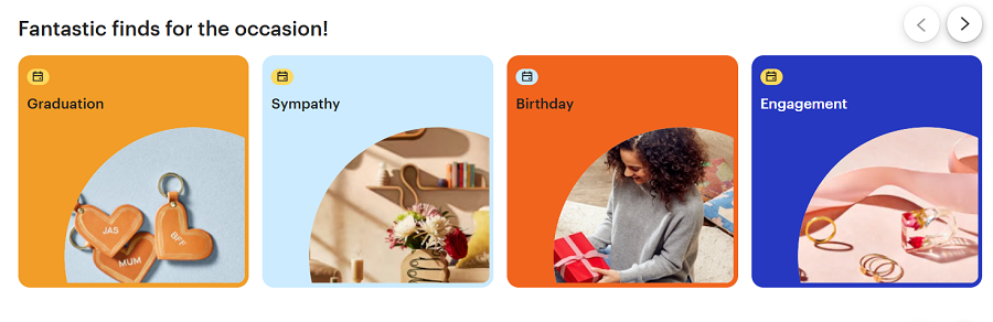 Screenshot taken 07/11/24 of four Etsy CTA promotions at the top of its Gift Mode page, the third being “Birthday.”