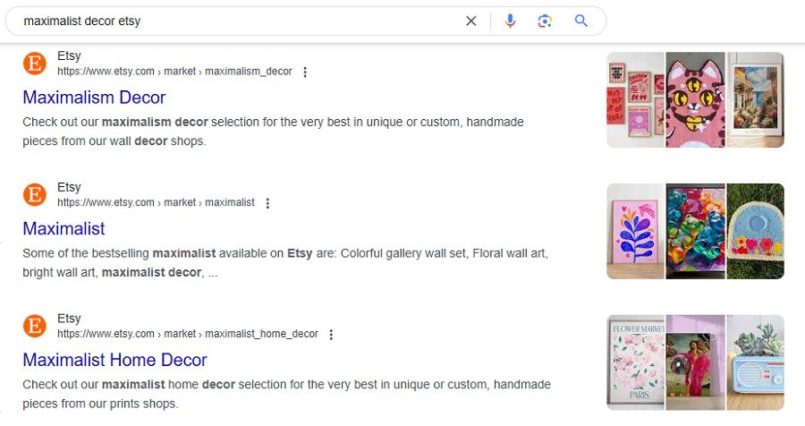 Screenshot take 09/08/24 of top Google search results for the term “maximalist decor etsy.”