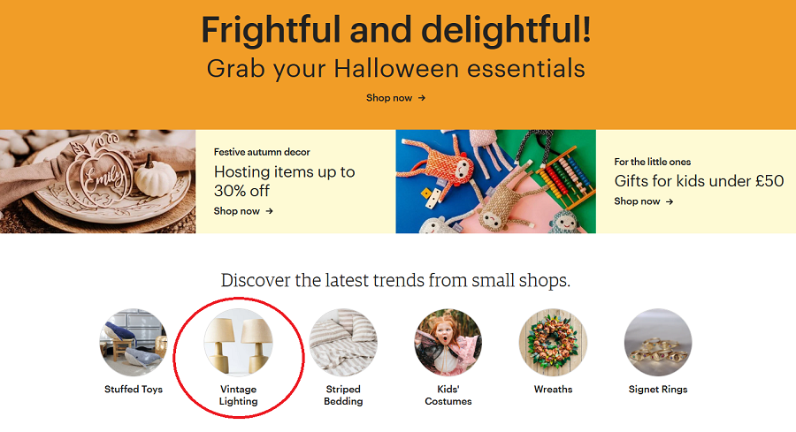 Screenshot taken Sep 4, 2024 of Etsy’s UK homepage showing a Call to Action promoting Vintage Lighting.