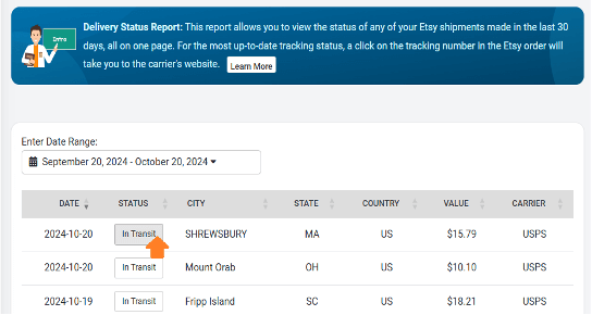 Screenshot example of eRank's Delivery Status report with an arrow pointing to the IN TRANSIT button under the STATUS column.