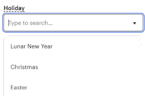 Screenshot of Etsy's Holiday Attributes dropdown list showing Lunar New Year, Christmas, and Easter, as an example.