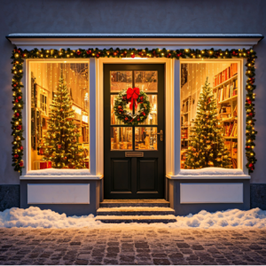 Picture of a brick-and-mortar storefront decorated for the holidays.