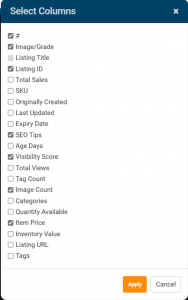 Screenshot of the Select Columns options to select the metrics to be viewed.